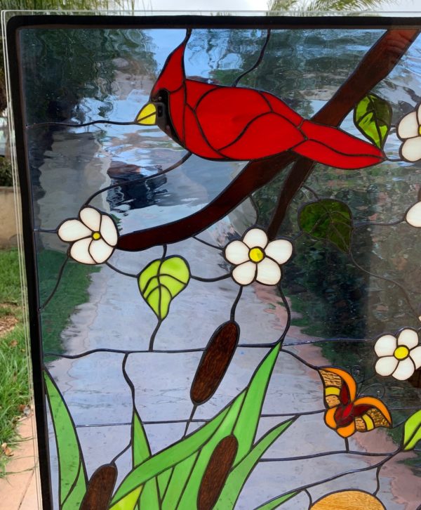 Mallard Ducks & Red Cardinal Stained Glass Window Panel