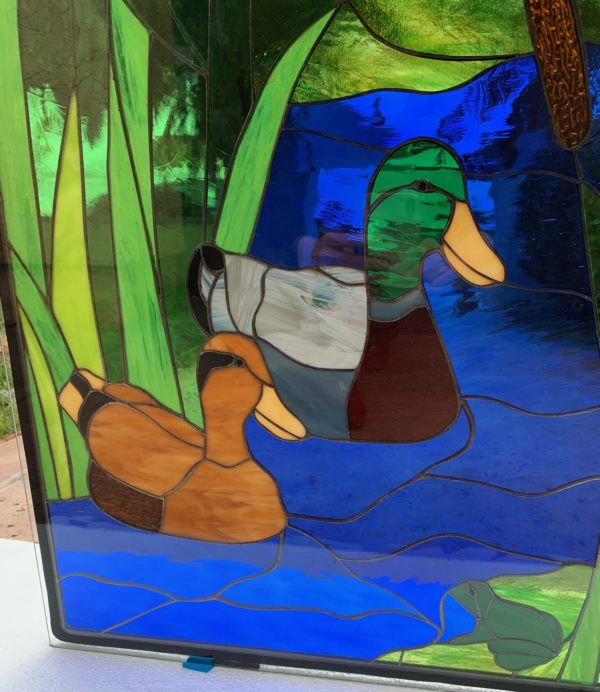 Mallard Ducks & Red Cardinal Stained Glass Window Panel
