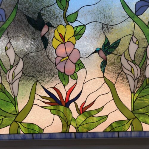 Large 4 x 4 Hummingbird, Butterfly, Hibiscus & Iris Stained Glass