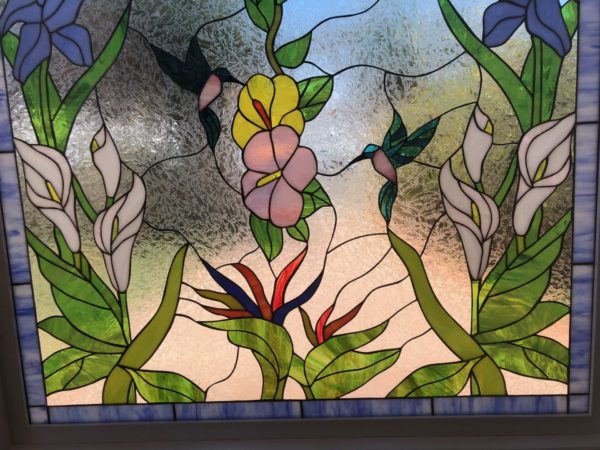 Large 4 x 4 Hummingbird, Butterfly, Hibiscus & Iris Stained Glass Window