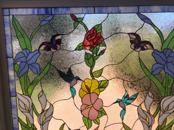 Large 4 x 4 Hummingbird, Butterfly, Hibiscus & Iris Stained Glass Window