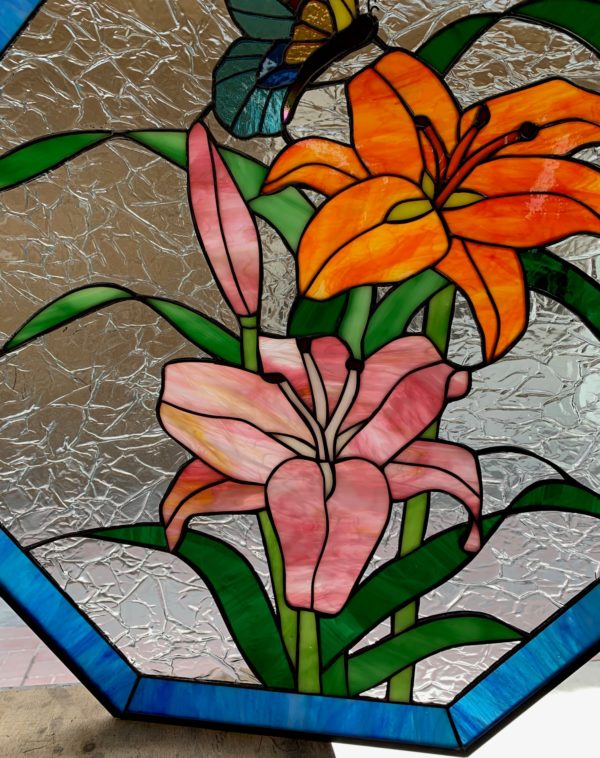 Magnificent! Lilies & Butterfly Octagon Stained Glass Panel