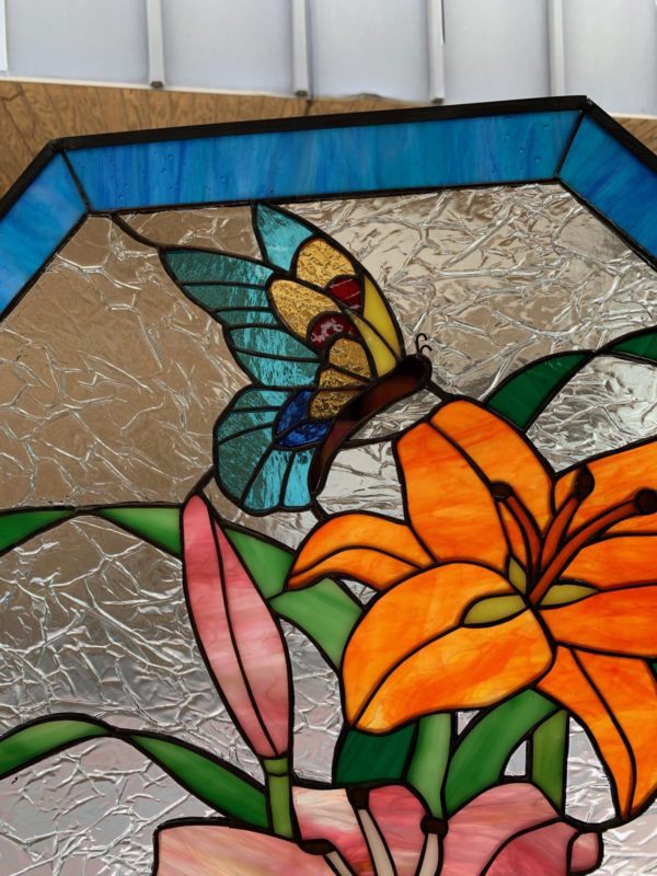 Magnificent! Lilies & Butterfly Octagon Stained Glass Panel