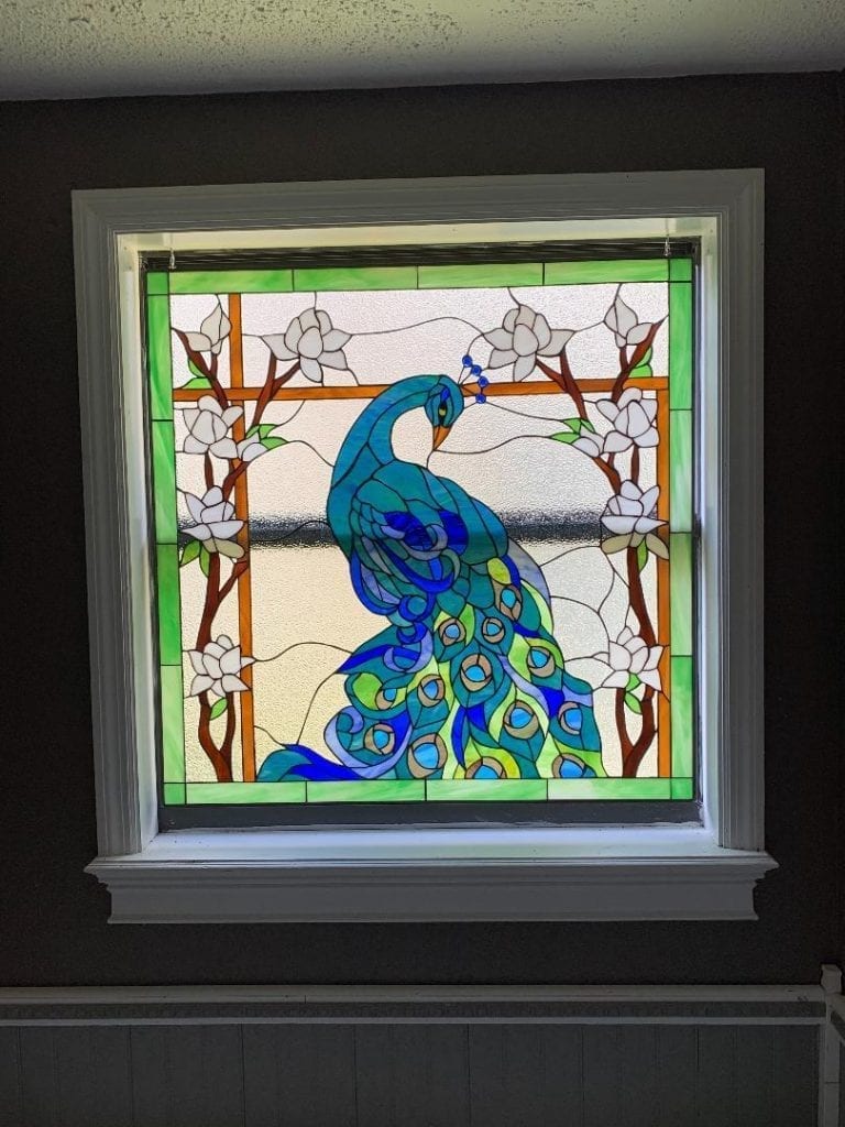 Stained Glass Peacock & Magnolia Flowers Window
