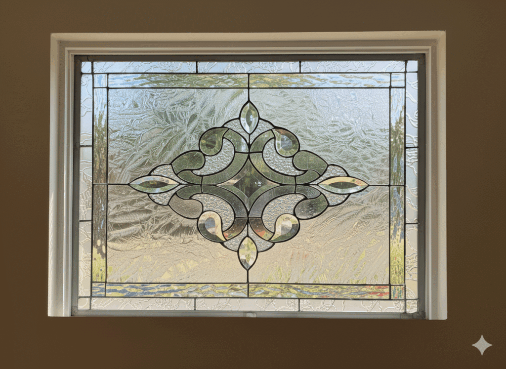 A rectangular leaded stained glass panel with a central diamond-shaped design featuring ornate clear and light green scrollwork, surrounded by heavily textured clear privacy glass.