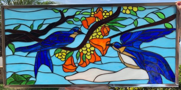 Pretty! Bluebirds and Blossoms Stained Glass Window Panel