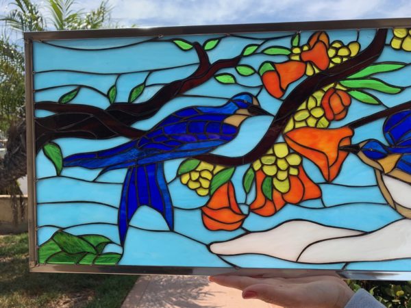 Pretty! Bluebirds and Blossoms Stained Glass Window Panel