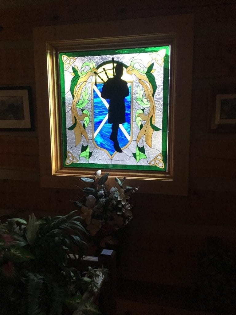 Irish Celtic Bagpiper Stained Glass Window