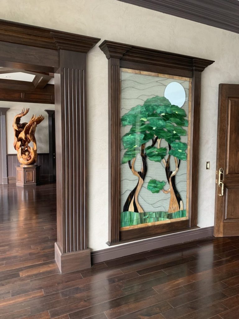 Two Large Stained Glass Triple Pane Windows Used As Wall Decor