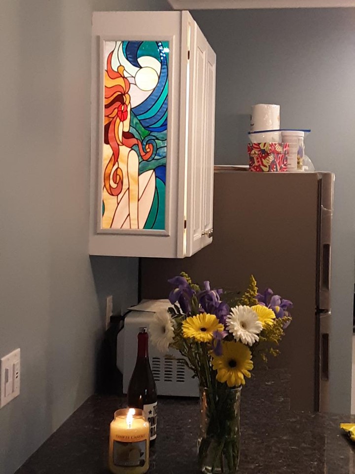 Backlit Beauty & The Beach Stained Glass Panel Installed In A Cabinet Insert