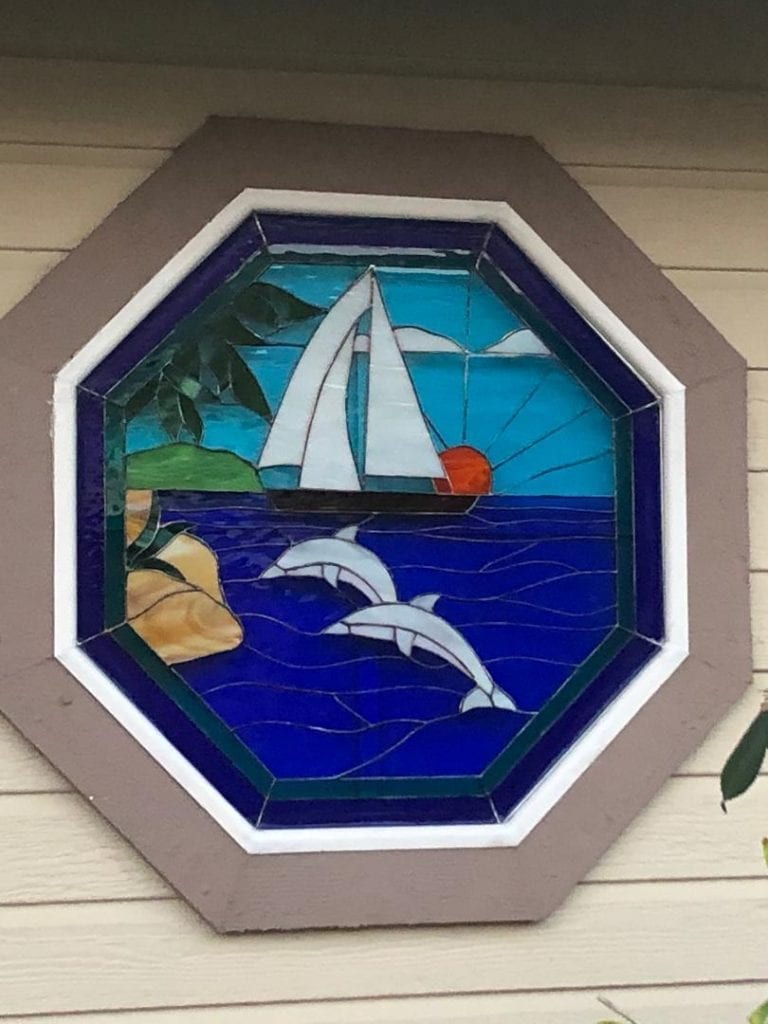 After! Pretty Sailboat And Dolphin Octagonal Stained Glass Window