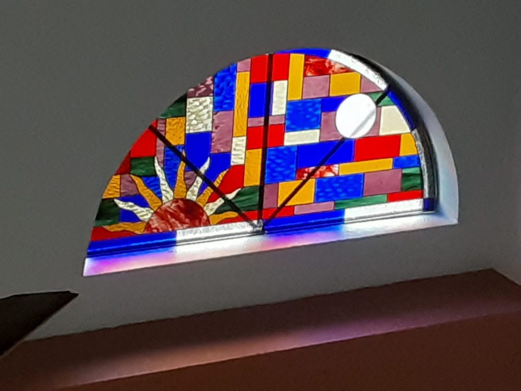 Mirror Arched colorful sun setting Stained Glass Detail