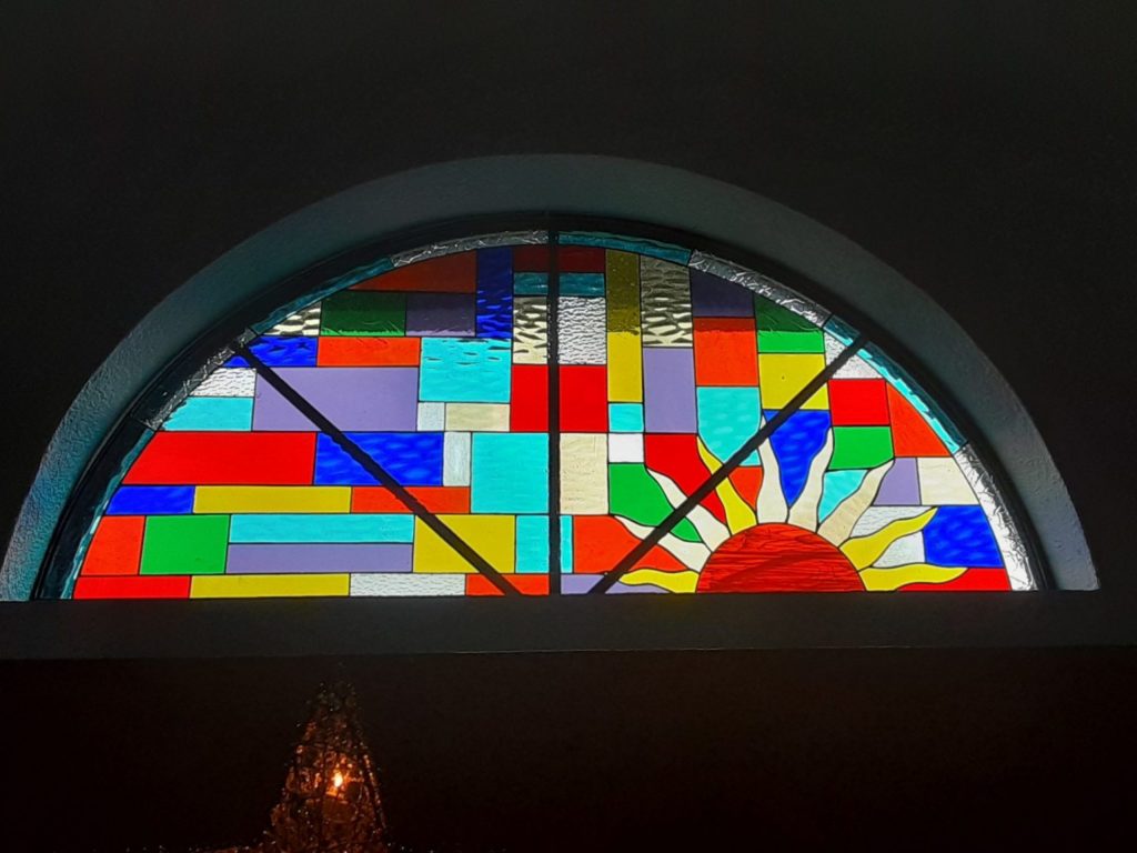 Mirrored Arched colorful sun setting Stained Glass