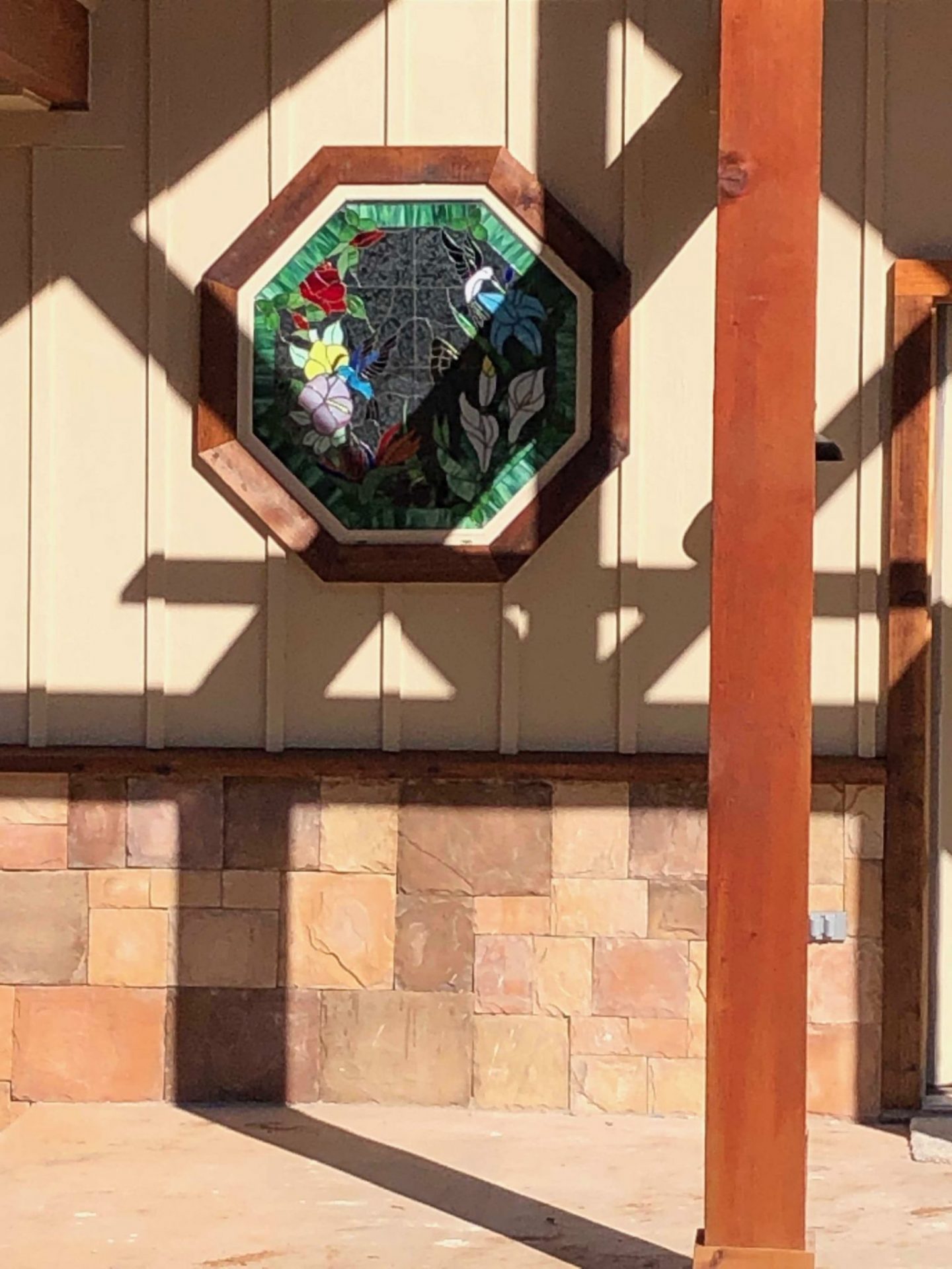 Vibrant!! Hummingbirds & Flowers Octagonal Stained Glass Window