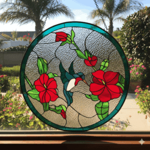 A circular, leaded stained glass panel depicting a blue and white hummingbird with red accents, hovering near vibrant red flowers and green leaves. The background consists of clear, textured glass, and the panel has a dark teal border.