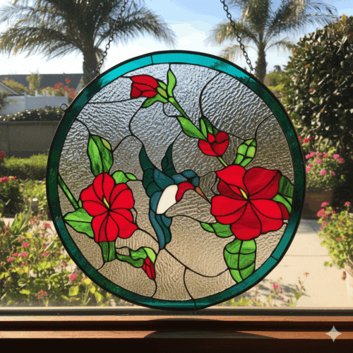 A circular, leaded stained glass panel depicting a blue and white hummingbird with red accents, hovering near vibrant red flowers and green leaves. The background consists of clear, textured glass, and the panel has a dark teal border.