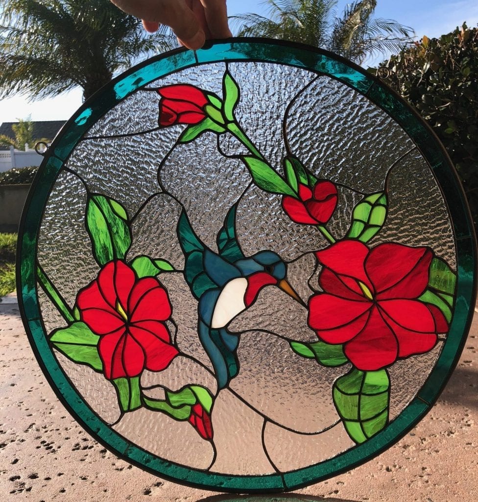 Pretty! Hummingbird & Hibiscus Stained Glass Window Panel