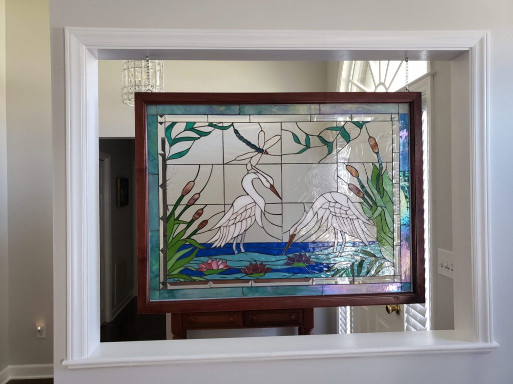 Heron design Stained Glass hang as a compliment to her entryway (after)