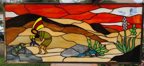 Vibrant Southwestern Kokopelli & Quail Stained Glass Window