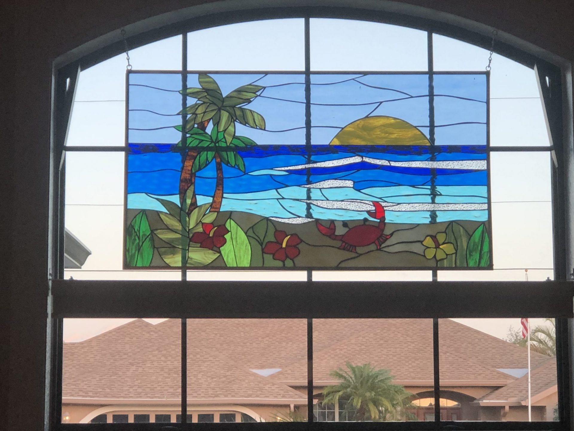 Crab, Palm Tree, Flowers & Sunset Leaded Stained Glass Window Panel installed