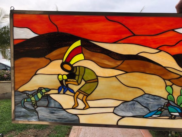 Vibrant Southwestern Kokopelli & Quail Stained Glass Window