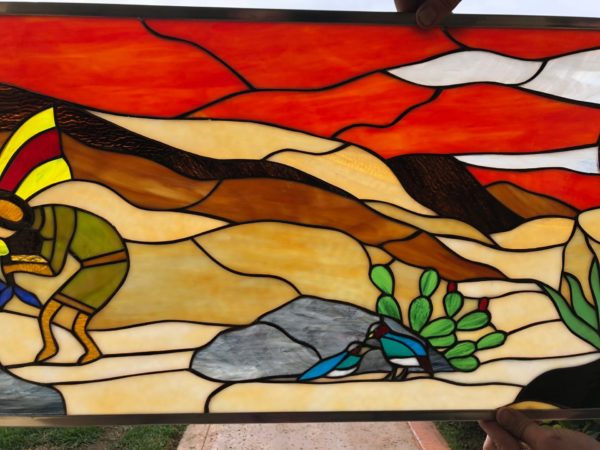 Vibrant Southwestern Kokopelli & Quail Stained Glass Window