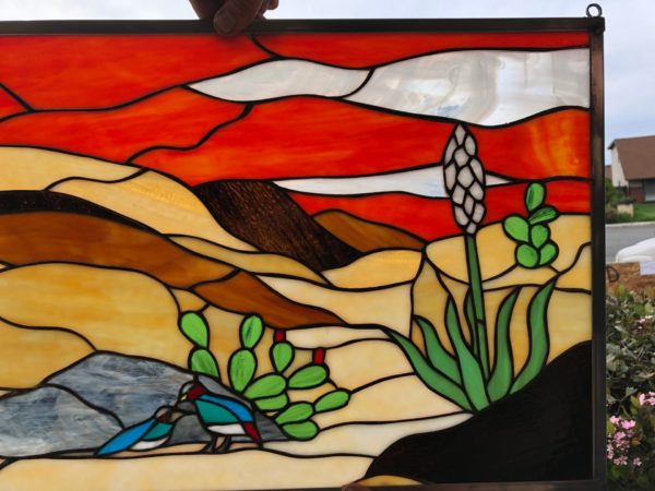 Vibrant Southwestern Kokopelli & Quail Stained Glass Window