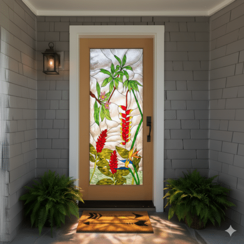 A rectangular stained glass door panel featuring vibrant red ginger, heliconia, and green tropical foliage against a textured clear glass background.
