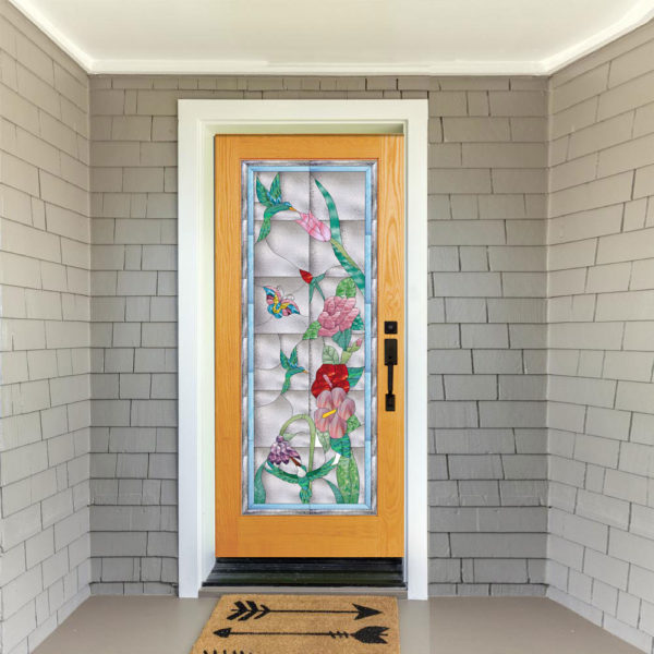 Butterfly Hummingbird & Blossom Stained Glass Douglas Fir French Door