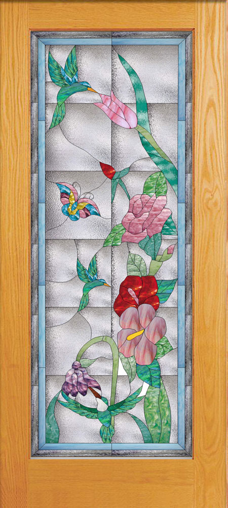 Butterfly Hummingbird & Blossom Stained Glass Douglas Fir French Door
