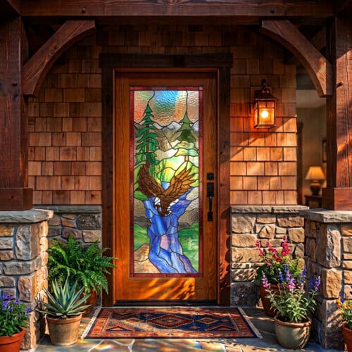 A rectangular stained glass panel, set within a rustic wooden entry door, features a large brown and white eagle with outstretched wings diving over a blue waterfall. Green trees and jagged gray mountains are visible in the background, all rendered in a vibrant stained glass mosaic.