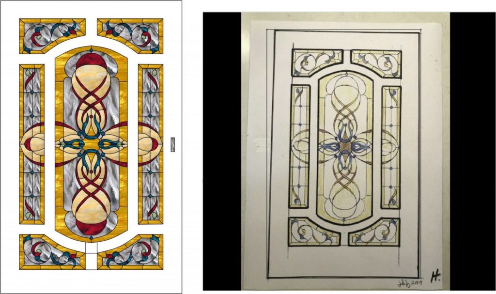 A two-part image showing a custom stained glass design for a full entryway. The left side is a vibrant digital rendering of a main door panel with two vertical sidelights and two curved transom pieces, featuring an intricate symmetrical interlace pattern in gold, clear textured, deep red, and teal glass. The right side is a hand-drawn conceptual sketch of the same stained glass design, signed 'H. 2019'.