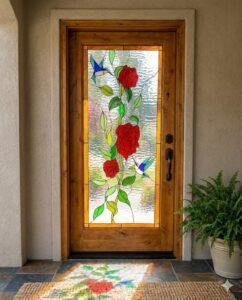 A rectangular stained glass door panel featuring a vibrant design of red roses, green leaves, and two blue hummingbirds, set into a wooden entry door.