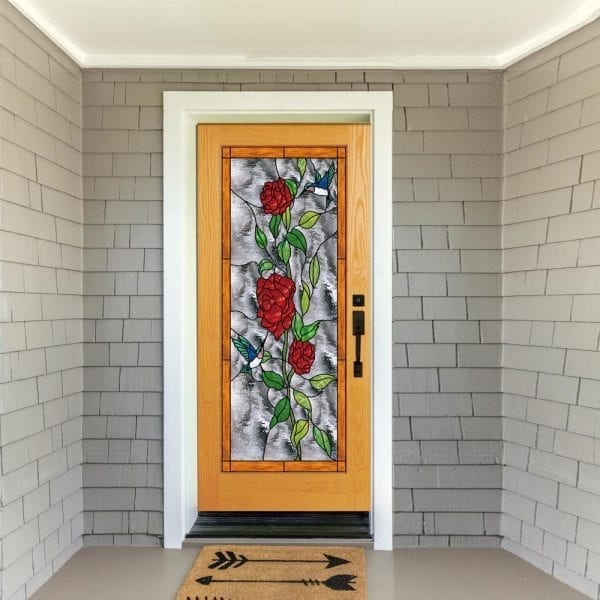 Red Roses & Hummingbirds Stained Glass Douglas Fir French Door