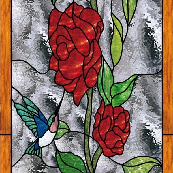Red Roses & Hummingbirds Stained Glass Douglas Fir French Door