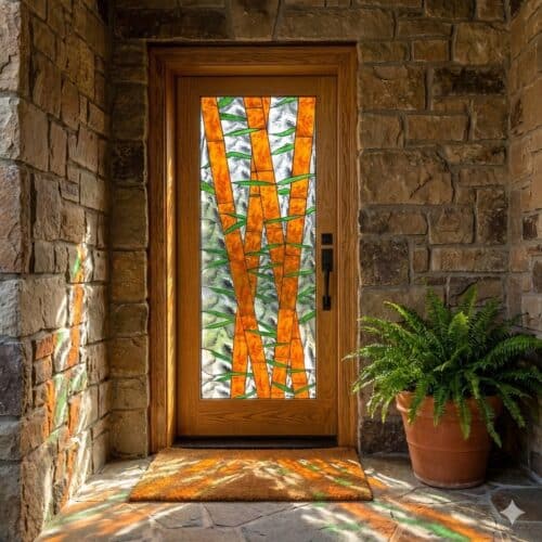 A close-up of a wooden entry door featuring a rectangular stained glass panel. The panel depicts a vibrant bamboo design with orange stalks and green leaves against a clear, textured background. Sunlight streams through, casting colored reflections on the adjacent stone wall and floor.
