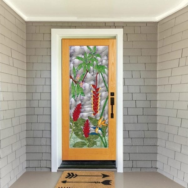 Tropical Floral Paradise Stained Glass Douglas Fir French Door