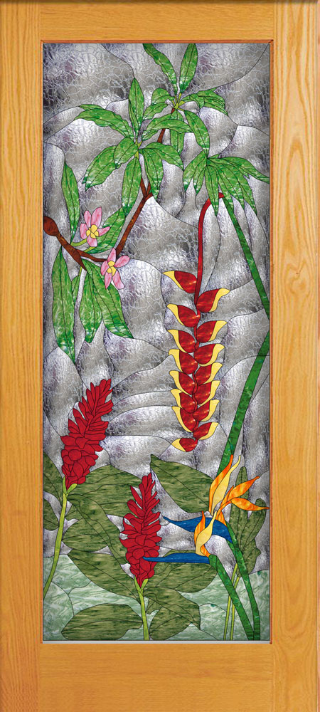 Tropical Floral Paradise Stained Glass Douglas Fir French Door