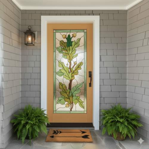 A rectangular stained glass door panel featuring an oak tree branch with green leaves and yellow acorns, set into a light wood door.