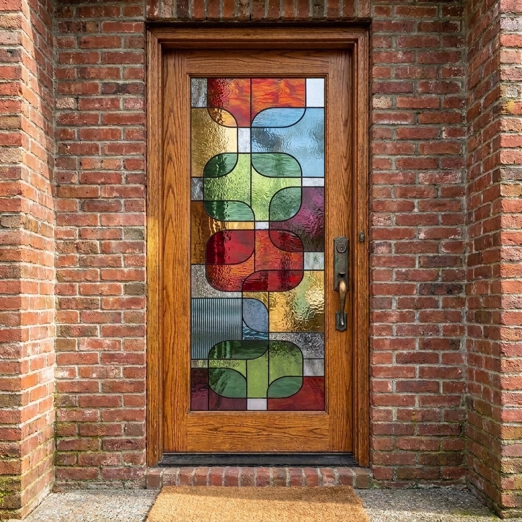 A rectangular, leaded stained glass panel is set into a wooden door, featuring an abstract geometric design with interlocking organic curves in vibrant colors like red, green, blue, yellow, and purple, complemented by various clear textured glass pieces. The door is framed by a brick wall.