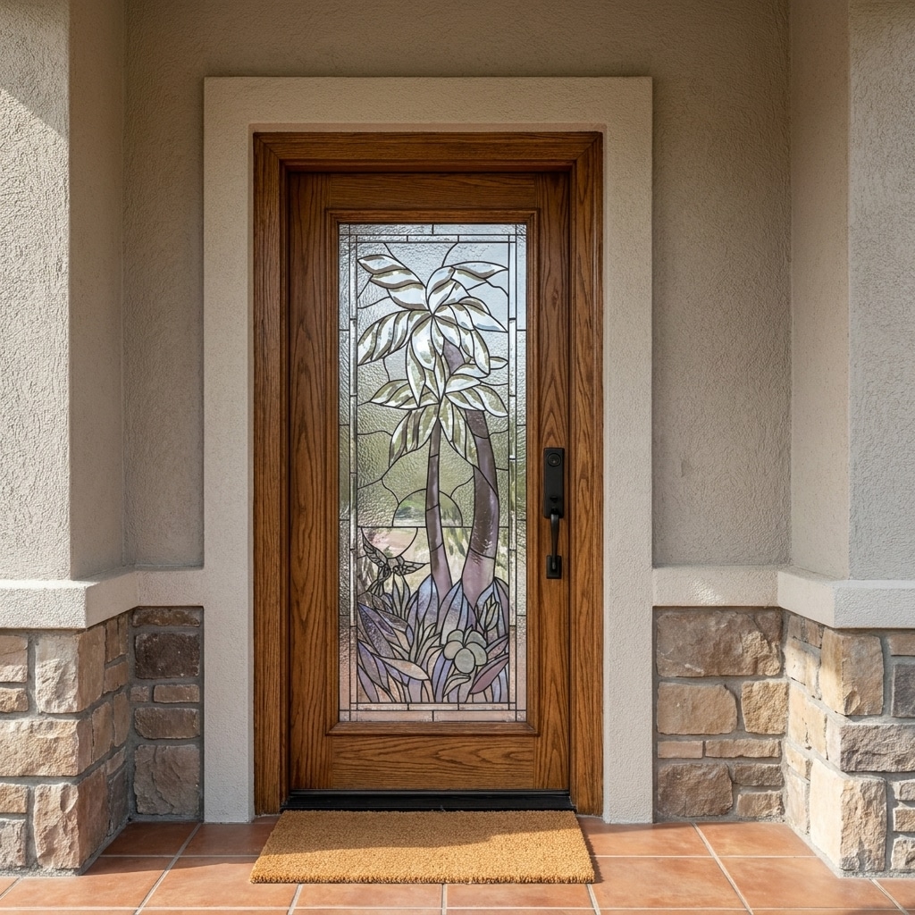 A rectangular leaded stained glass door insert depicting a tropical scene with two palm trees, lush foliage, and a small bird, set within a natural wood front door.