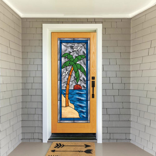 Lovely Palm & Sunset Stained Glass Door