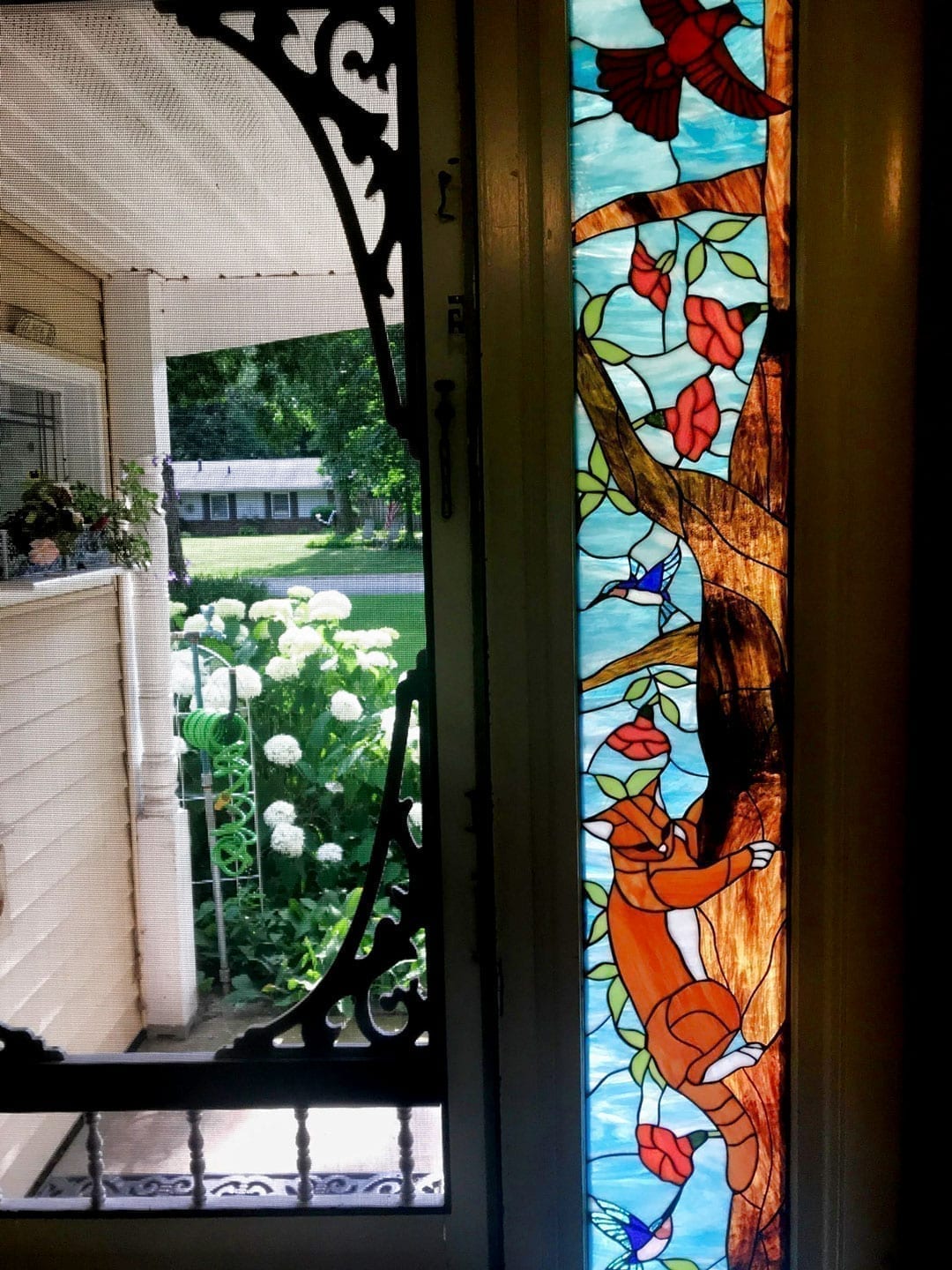 Climbing Cat & hummingbirds Stained Glass sidelight