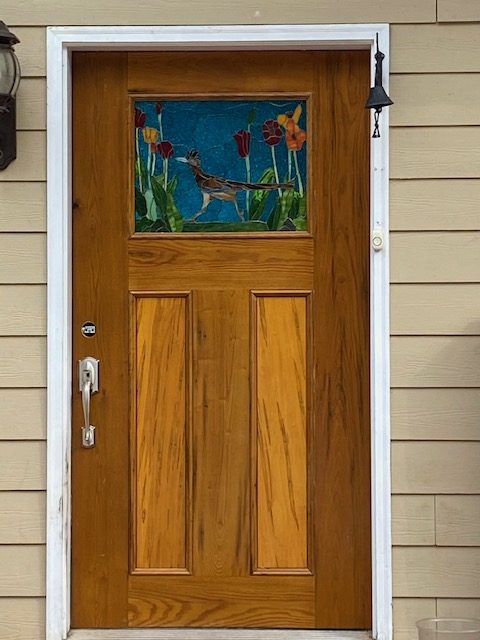 Road Runner Stained Glass Installed in a Door