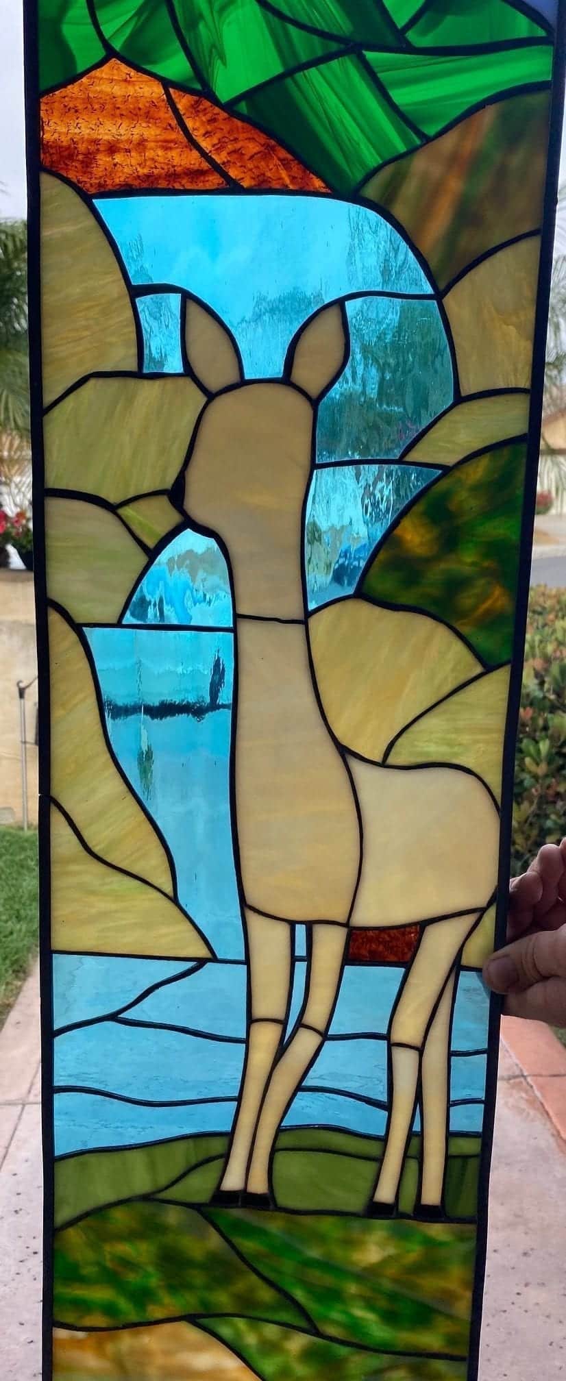 Calming! Deer, Stream Pine Tree Arched Stained Glass Panel