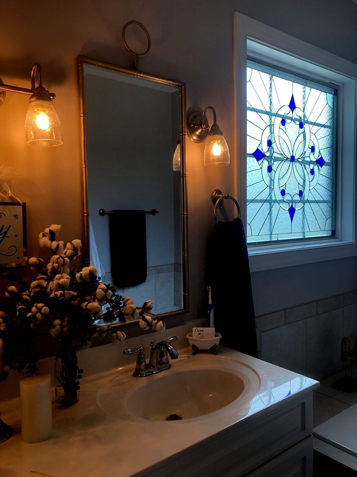 Stained Glass Bathroom Window installed in Hampstead NC