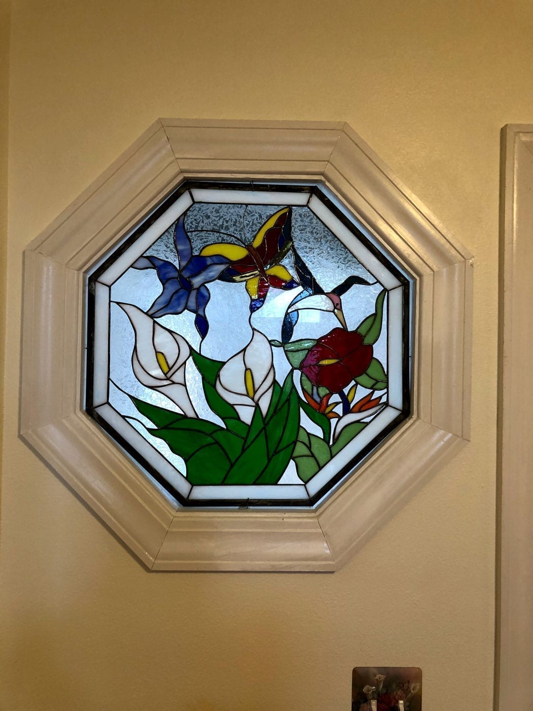 Hummingbird & Hibiscus Octagon Stained Glass Window