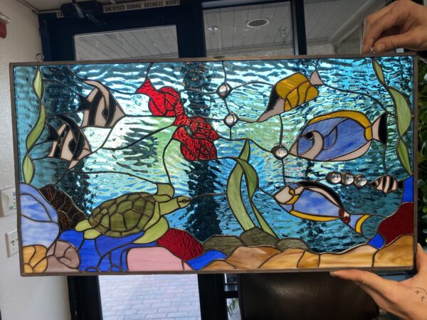 Vibrant! Turtle, Triggerfish and Coral Sea Life Stained Glass Window