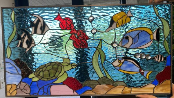 Vibrant! Turtle, Triggerfish and Coral Sea Life Stained Glass Window