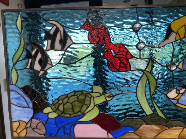 Vibrant! Turtle, Triggerfish and Coral Sea Life Stained Glass Window